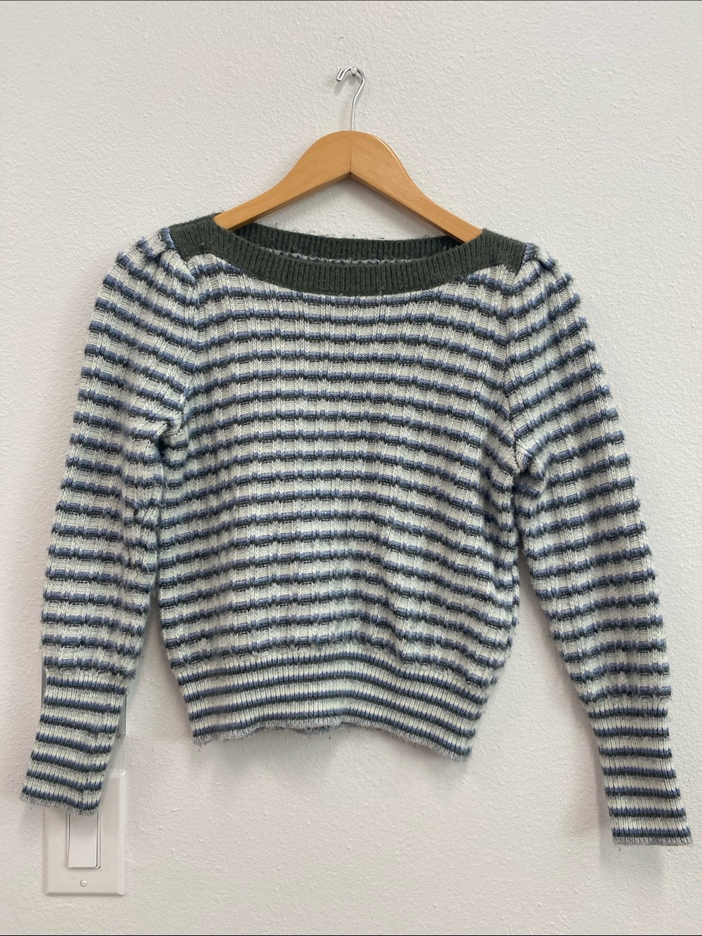 Nine West Sweater Striped Boatneck in Cream Blue Olive Green XS